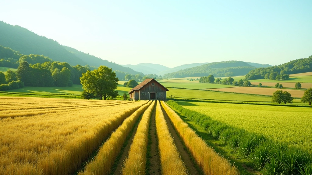 Zemědělská krajina s poli a stodolou, venkovský svět