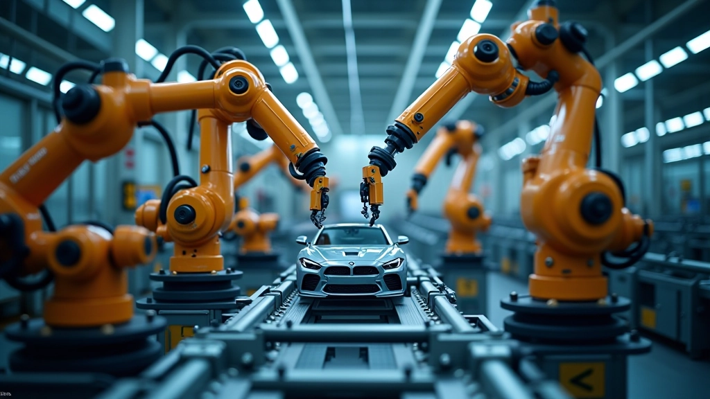 Automatizované roboty na montážní lince v automobilovém průmyslu