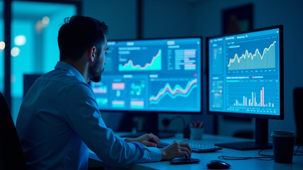 Moderní analytické pracoviště s počítači a ekonomickými daty