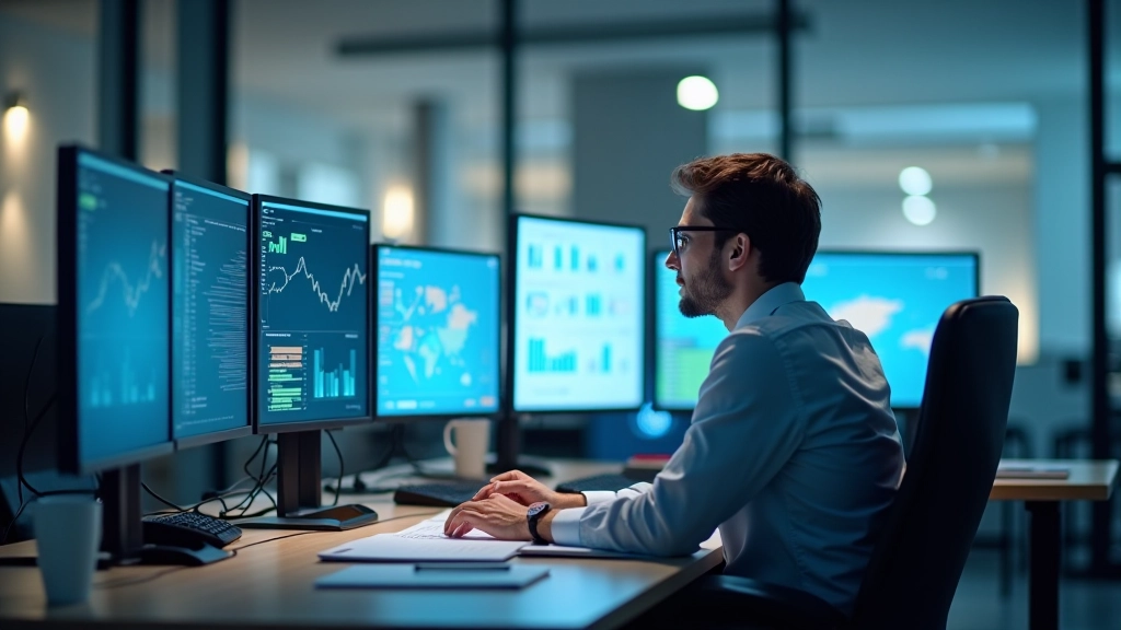 Ekonomista pracující s daty na počítači s grafy a statistikami