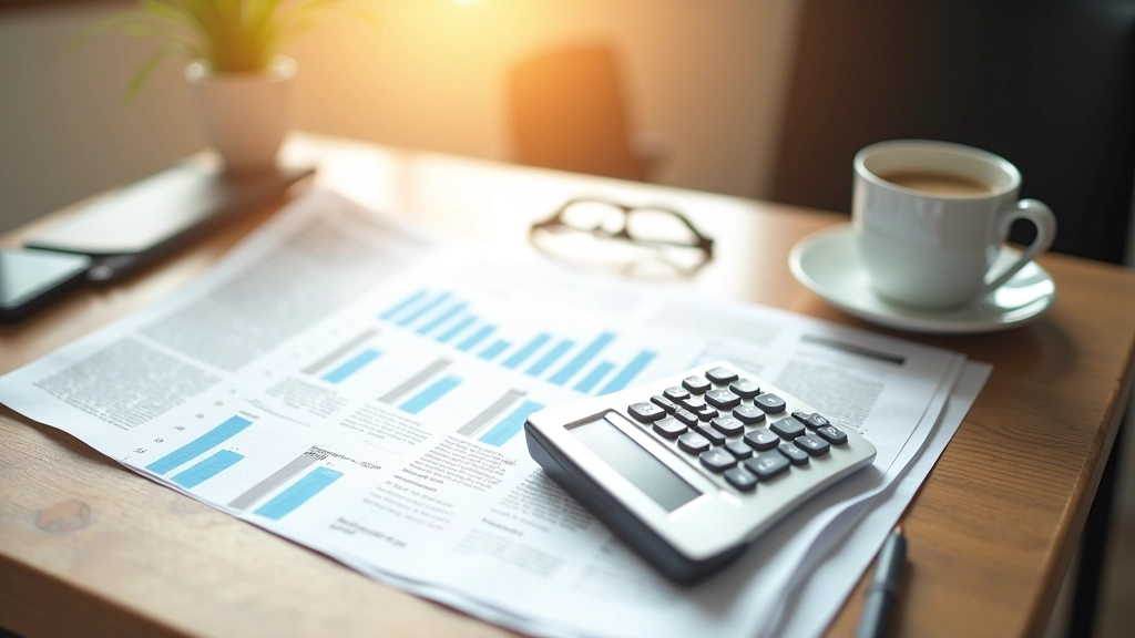 Finančnické noviny a kalkulačka na pracovním stole s přirozeným osvětlením