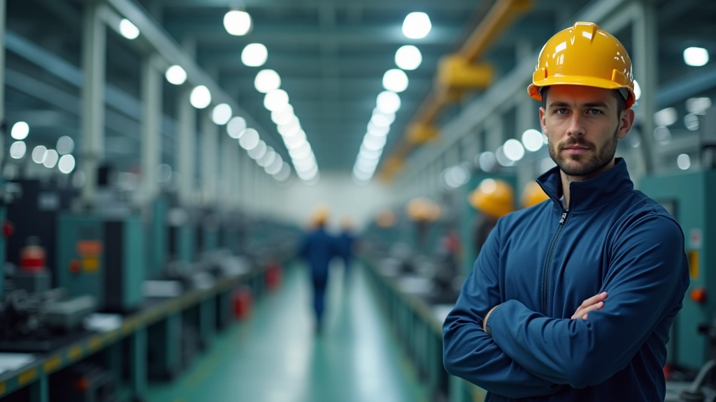 Průmyslová továrna s výrobními linkami a pracovníky v ochranném oděvu