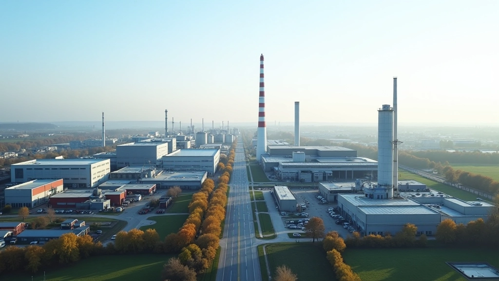 Průmyslový park s moderními budovami a vozidly, denní světlo