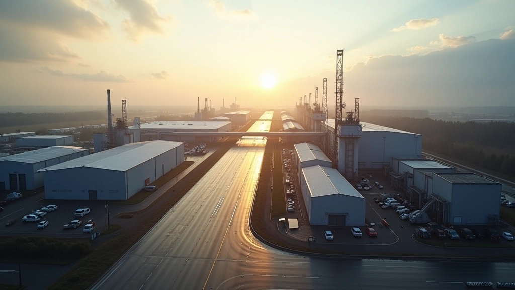 Průmyslová zóna s haly a fabrikami, ráno, slunečný den