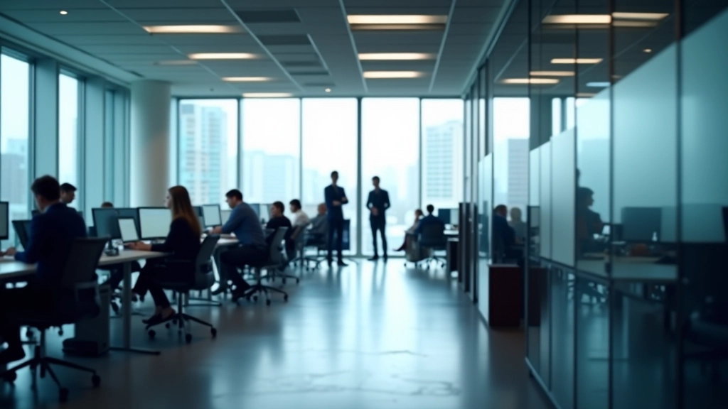 Moderní kancelářská budova se skleněnými fasádami a pracovníky v místnostech