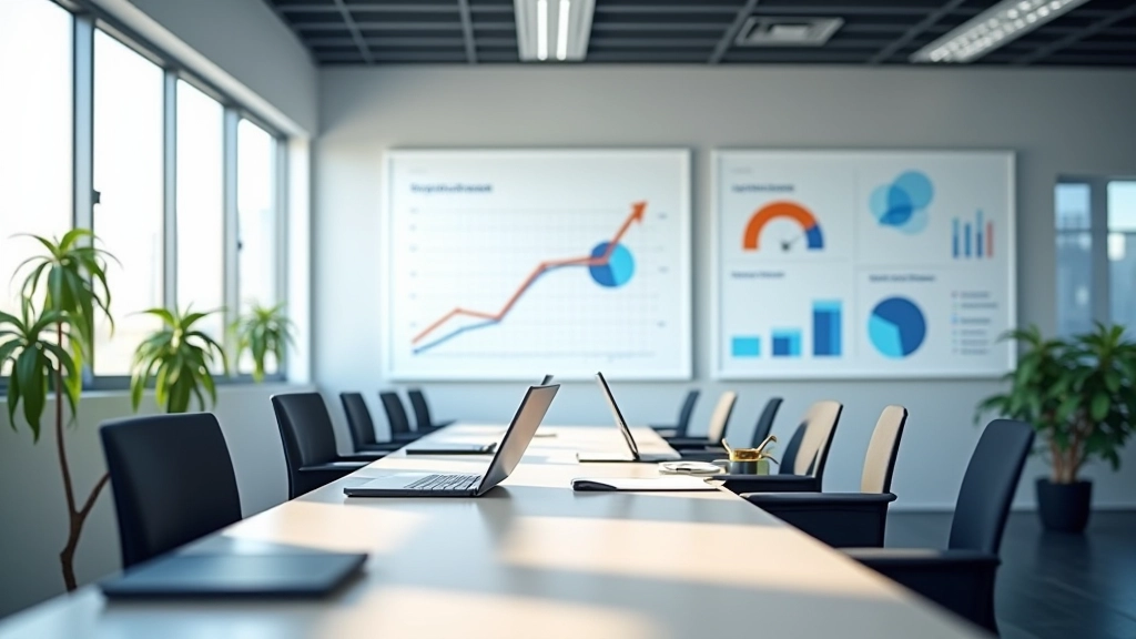 Moderní kancelářské prostředí s ekonomickými grafy a tabulkami na stěně