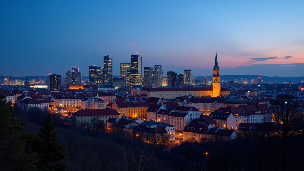 Pražská skyline s věží Žižkov, moderní budovy, večerní osvětlení