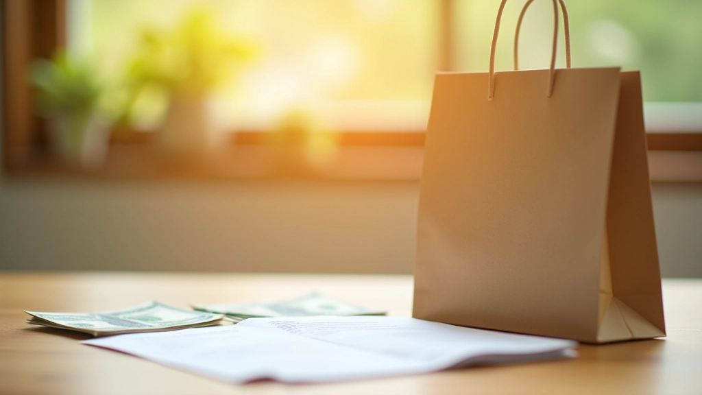 Nákupní tašky, peníze a faktury na stole, reprezentující spotřebu a výdaje domácností